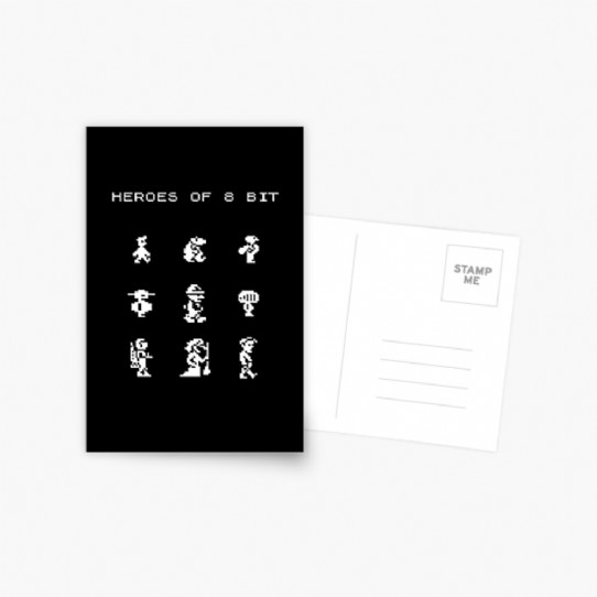 Heroes of 8bit monochrome postcard